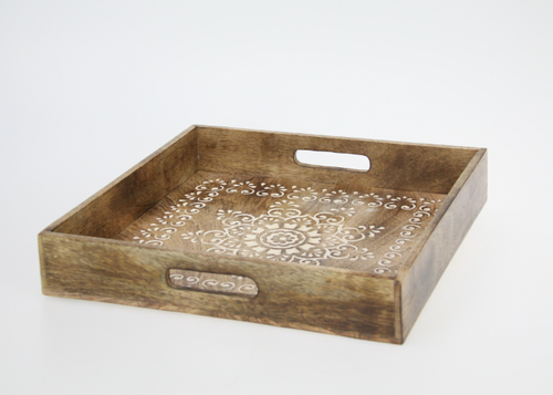 31cm Square Tray With Carved Mandala Inlay