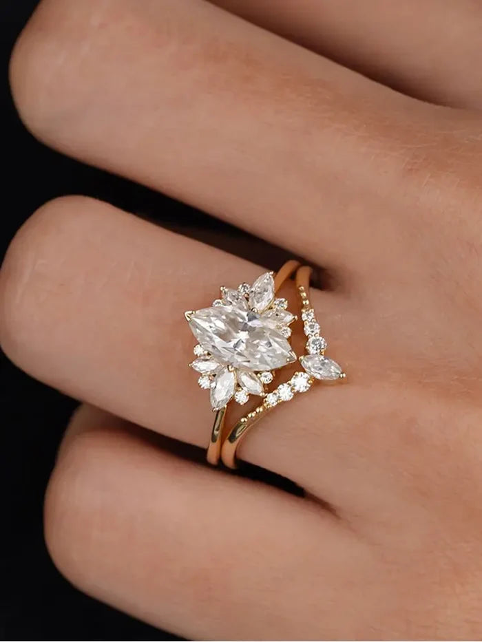 925 Sterling Silver Marquise Zircon Ring Set | Gold Bridal Wedding Band