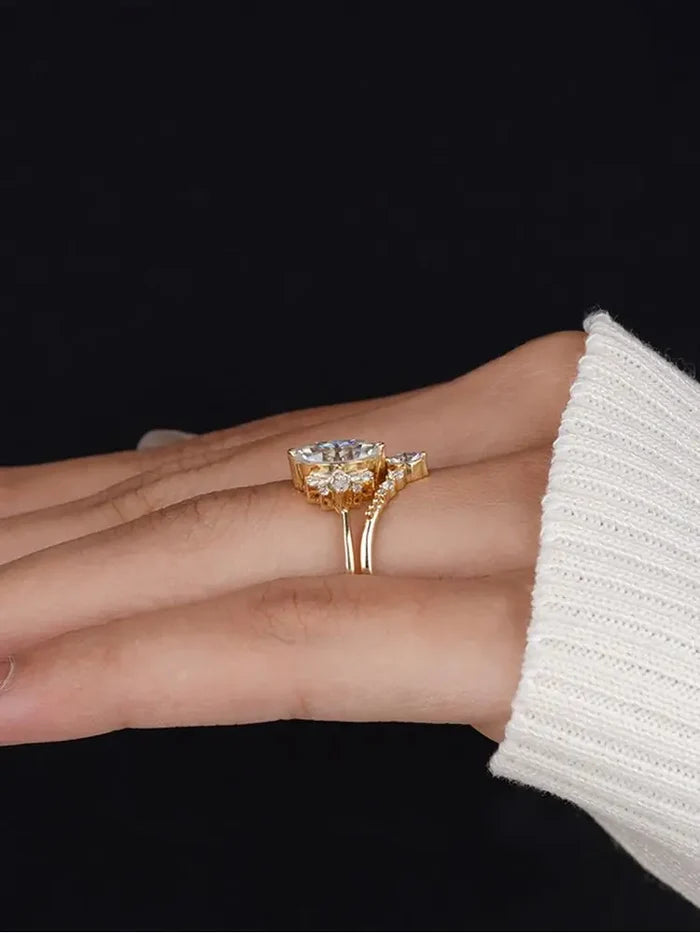 925 Sterling Silver Marquise Zircon Ring Set | Gold Bridal Wedding Band
