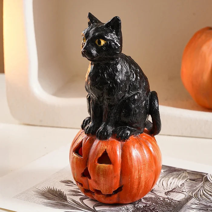 Black Cat Pumpkin Figurine | Halloween Resin Decor Ornament