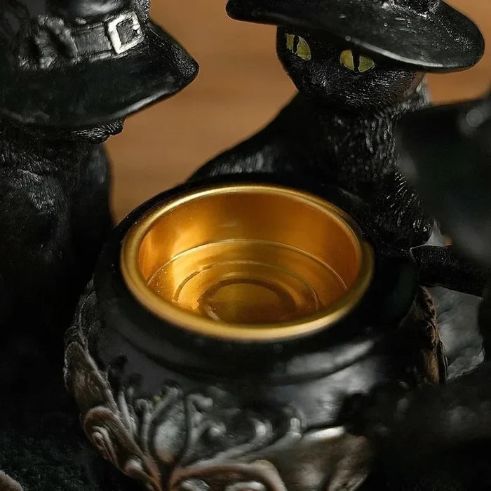Black Witch Cat Cauldron Tealight Holder | Halloween Familiar Resin Candle Holder