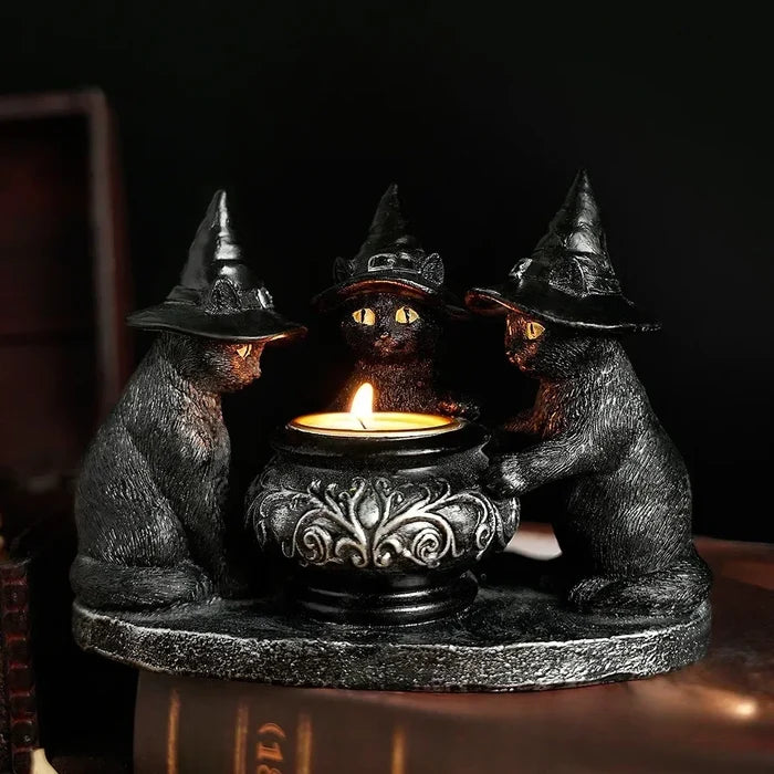 Black Witch Cat Cauldron Tealight Holder | Halloween Familiar Resin Candle Holder