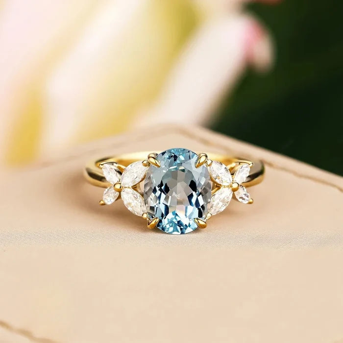 Blue Oval Crystal Cluster Ring | Gold-Tone Floral Accent Band