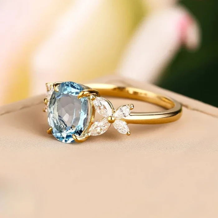 Blue Oval Crystal Cluster Ring | Gold-Tone Floral Accent Band