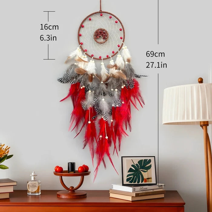 Bohemian Crystal Tree of Life Dreamcatcher — Handmade Feather & Bead Wall Hanging
