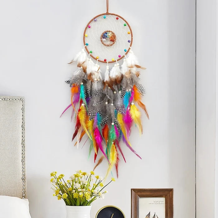 Bohemian Crystal Tree of Life Dreamcatcher — Handmade Feather & Bead Wall Hanging