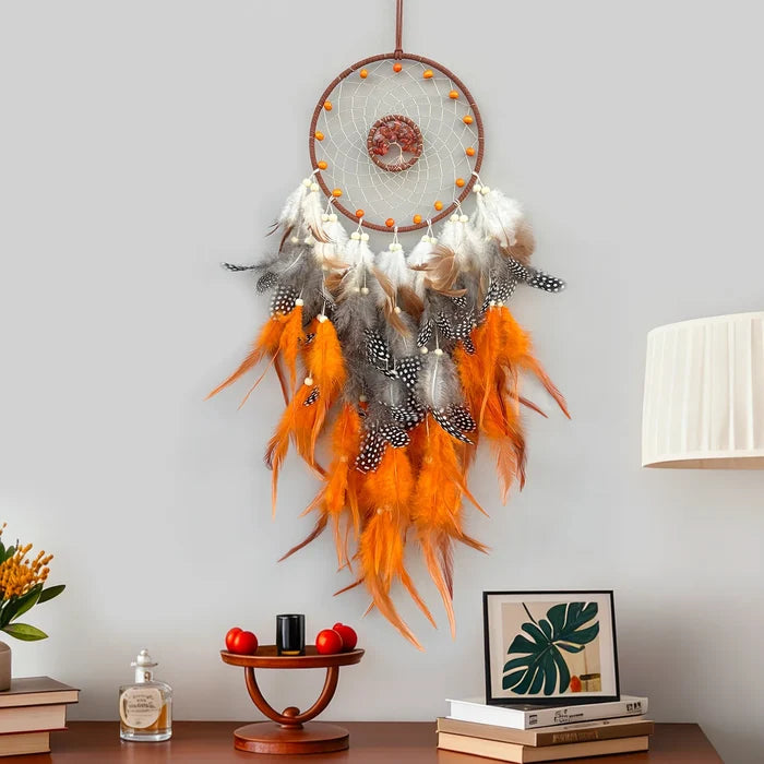 Bohemian Crystal Tree of Life Dreamcatcher — Handmade Feather & Bead Wall Hanging