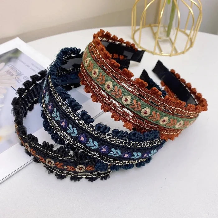 Boho Embroidery Wide Headband | Retro Style Women's Hair Hoop