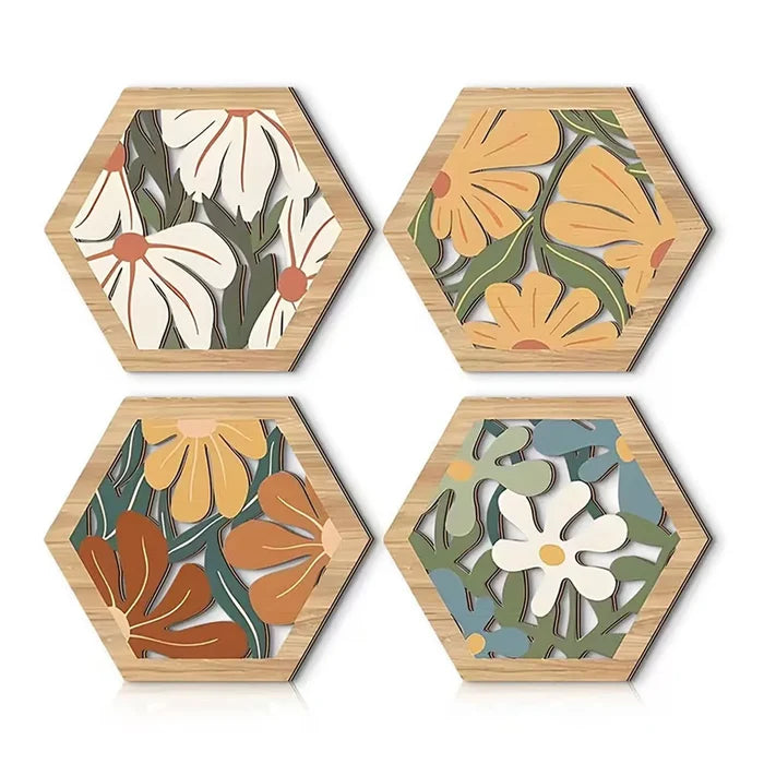 Boho Floral Hexagon Wooden Wall Decor Set of 4 | Bohemian Wall Art
