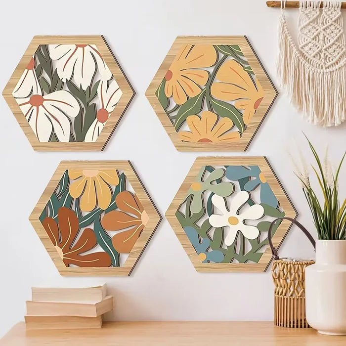 Boho Floral Hexagon Wooden Wall Decor Set of 4 | Bohemian Wall Art