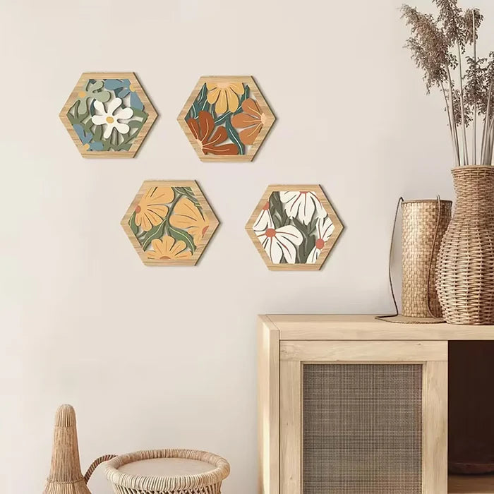 Boho Floral Hexagon Wooden Wall Decor Set of 4 | Bohemian Wall Art