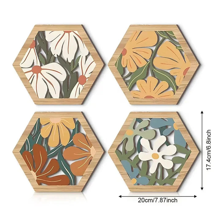 Boho Floral Hexagon Wooden Wall Decor Set of 4 | Bohemian Wall Art