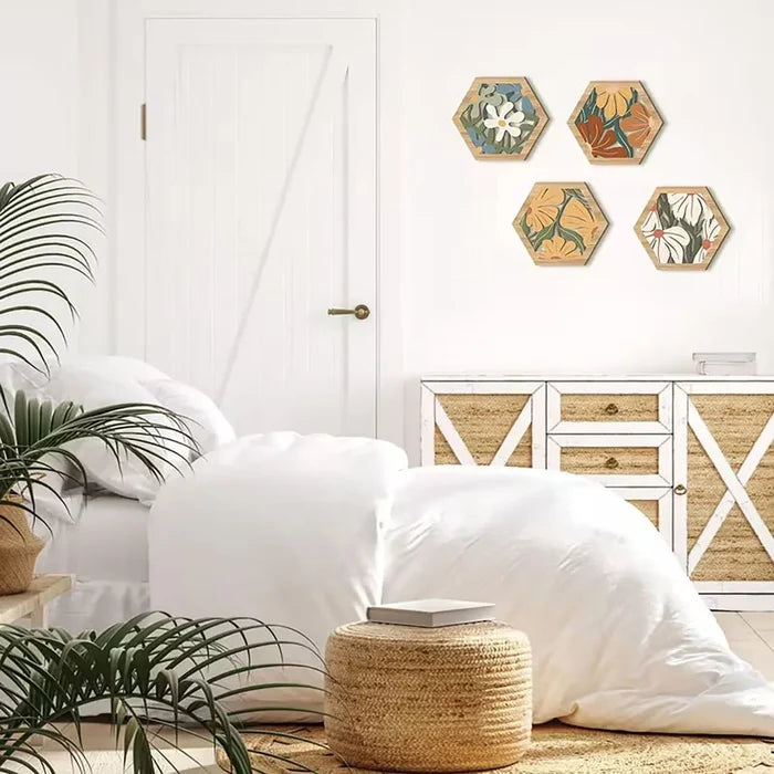 Boho Floral Hexagon Wooden Wall Decor Set of 4 | Bohemian Wall Art