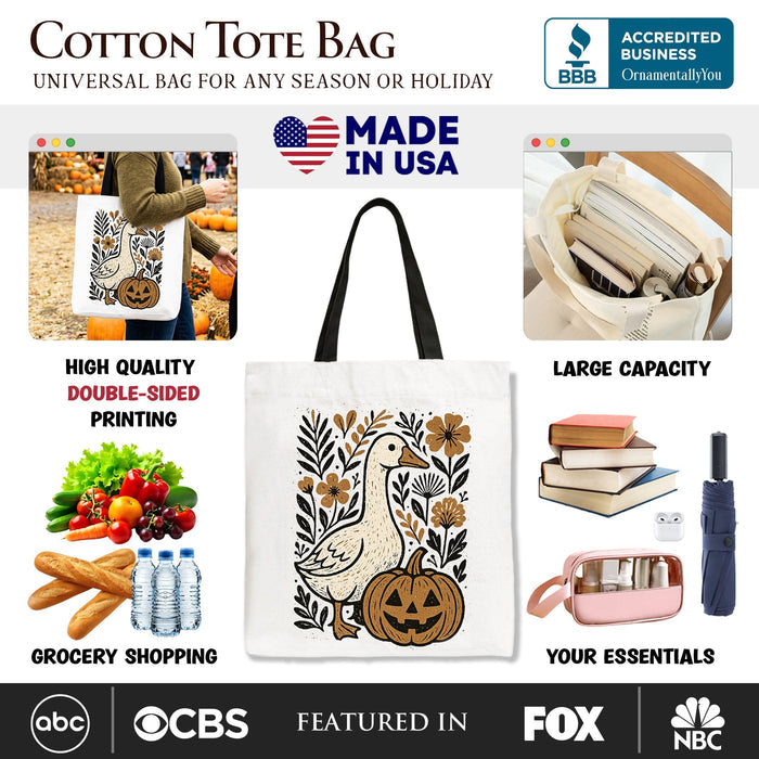 Boho Goose Halloween Pumpkin Tote Bag, Spooky Fall Floral Gift Shopper