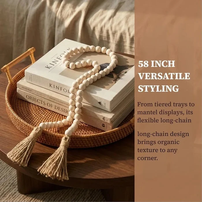 Boho Wood Bead Tassel Garland | 58" Farmhouse Rustic Bead Decor