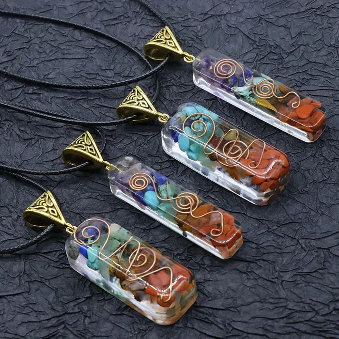 Chakra Crystal Chip Orgonite Pendant Necklace | Natural Stone & Copper Coil