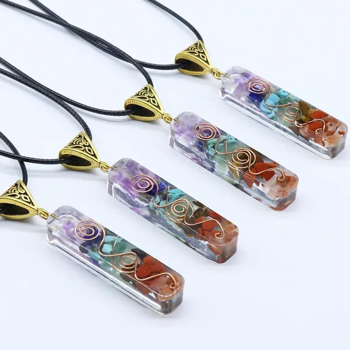 Chakra Crystal Chip Orgonite Pendant Necklace | Natural Stone & Copper Coil