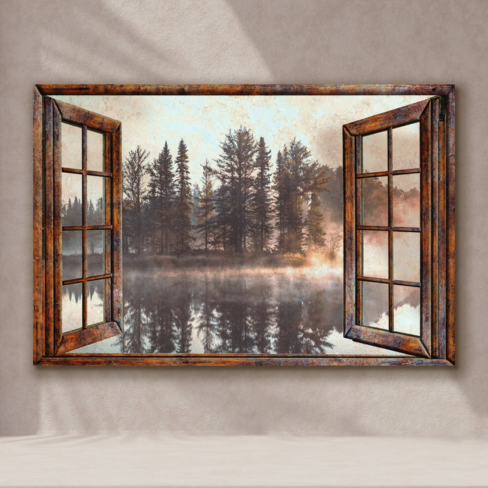 Foggy Autumn Lake View Canvas Wall Art | Atmospheric Nature Print
