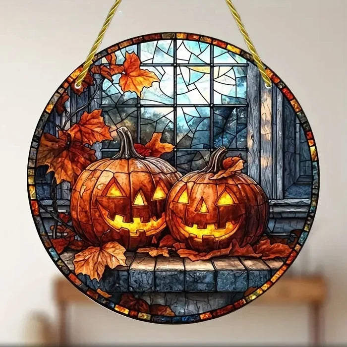 Halloween Pumpkin Acrylic Sign | Round Hanging Window & Porch Decor