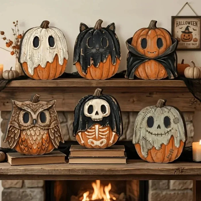 Halloween Retro Wooden Block Decor | Ghost, Black Cat, Pumpkin & Witch Figures