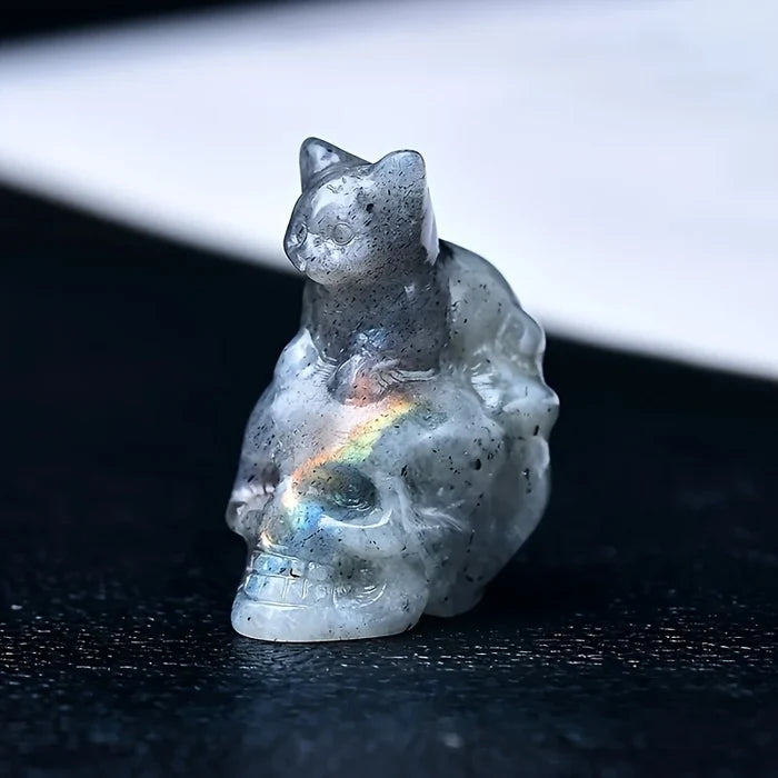 Hand-Carved Crystal Skull Cat Figurine | 1.18" Mini Crystal Cat