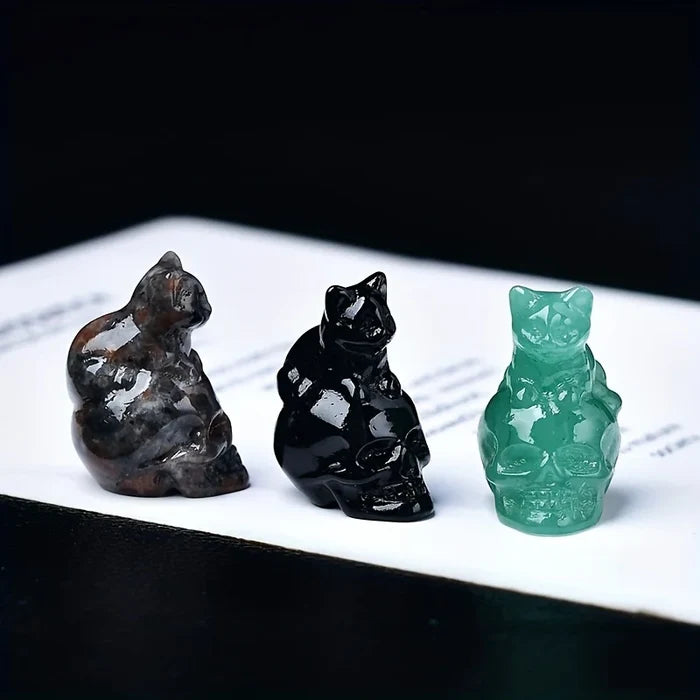 Hand-Carved Crystal Skull Cat Figurine | 1.18" Mini Crystal Cat