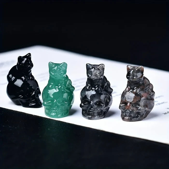 Hand-Carved Crystal Skull Cat Figurine | 1.18" Mini Crystal Cat