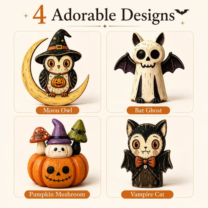 Hand-Painted Halloween Wooden Tabletop Decor | Bat, Owl & Pumpkin Figures