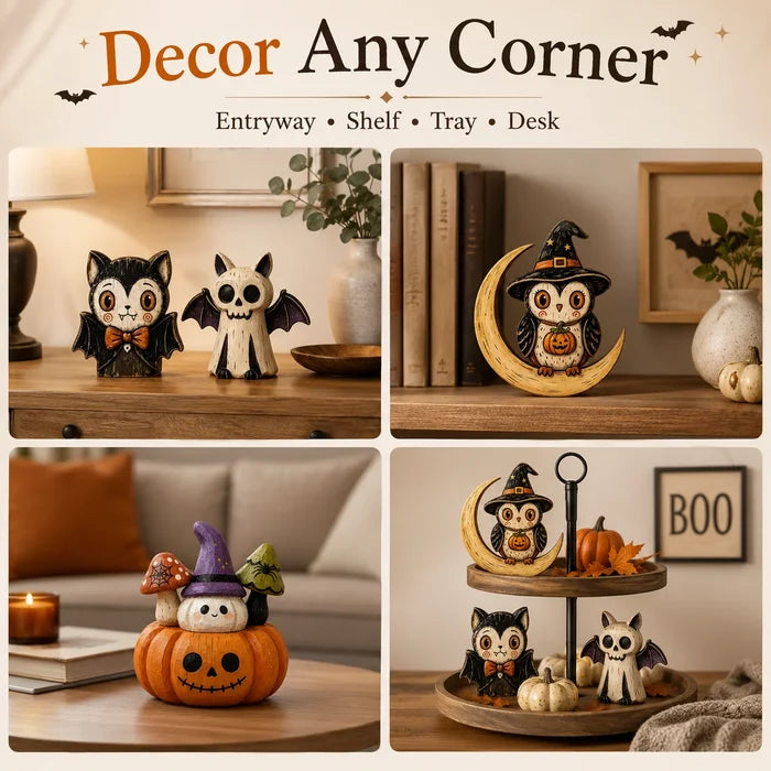 Hand-Painted Halloween Wooden Tabletop Decor | Bat, Owl & Pumpkin Figures