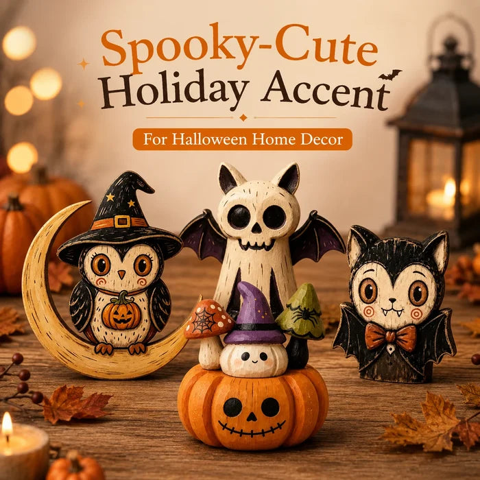 Hand-Painted Halloween Wooden Tabletop Decor | Bat, Owl & Pumpkin Figures