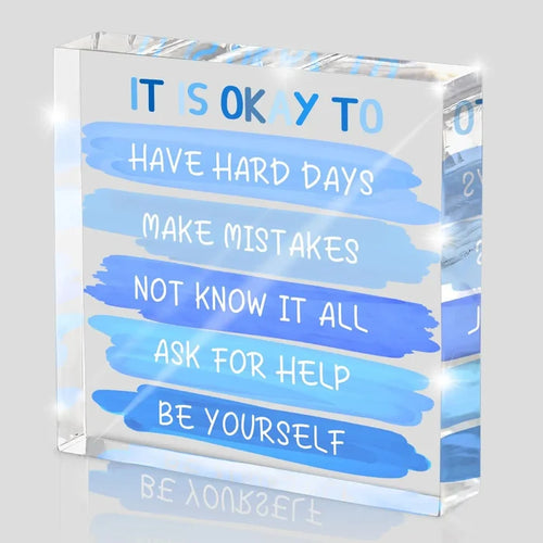 "It's Okay To..." Acrylic Desk Sign | 4x4 Blue Mental Health Affirmation Decor for Women