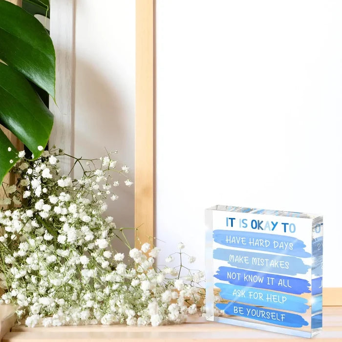 "It's Okay To..." Acrylic Desk Sign | 4x4 Blue Mental Health Affirmation Decor for Women