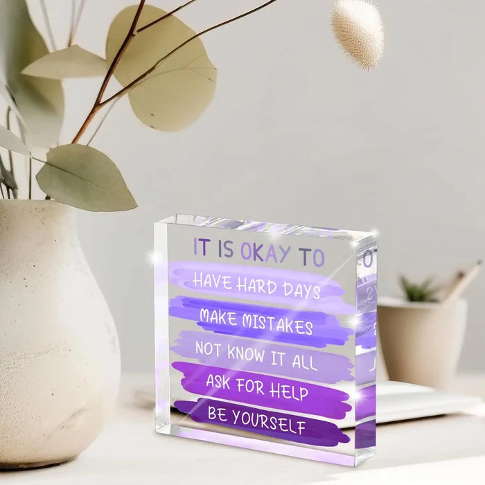 "It's Okay To..." Acrylic Desk Sign | 4x4 Purple Mental Health Affirmation Decor for Women