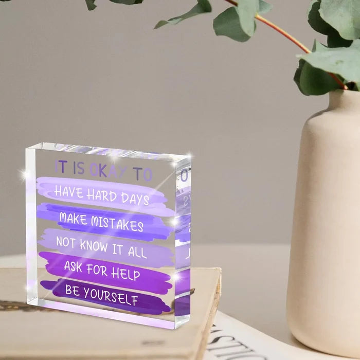 "It's Okay To..." Acrylic Desk Sign | 4x4 Purple Mental Health Affirmation Decor for Women
