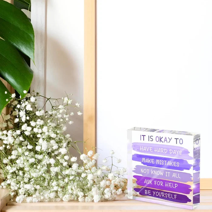 "It's Okay To..." Acrylic Desk Sign | 4x4 Purple Mental Health Affirmation Decor for Women