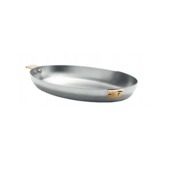 Mauviel Art Déco stainless steel oval frying pan with brass handles, perfect for elegant cooking and serving.