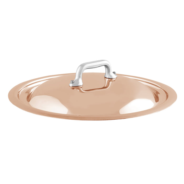Mauviel copper curved lid with cast stainless steel handle for pots and pans, showcasing a polished, high-quality cookware accessory.
