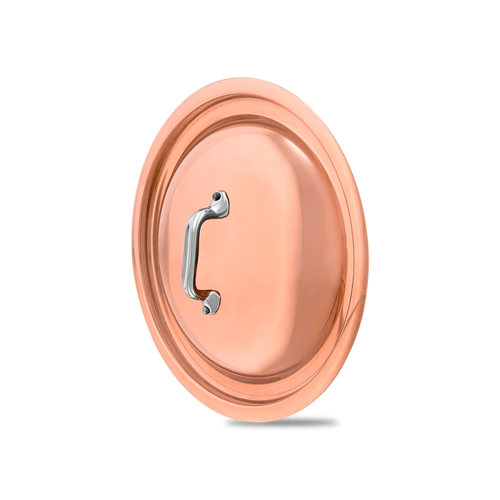 Mauviel copper curved lid with cast stainless steel handle for pots and pans, showcasing polished copper finish and sturdy handle.