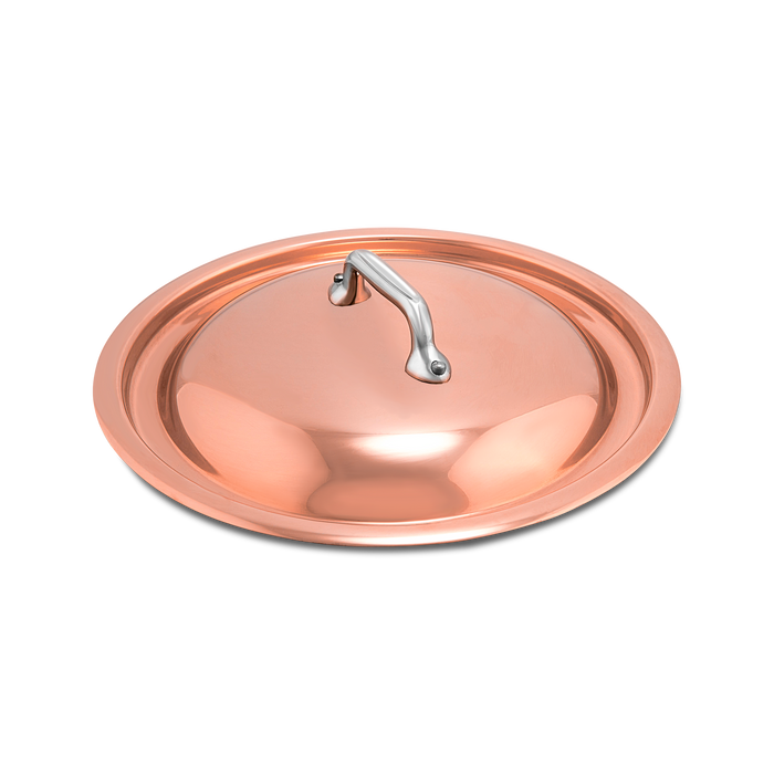 Mauviel copper curved lid with cast stainless steel handle for pots and pans, shiny copper surface and sturdy handle.