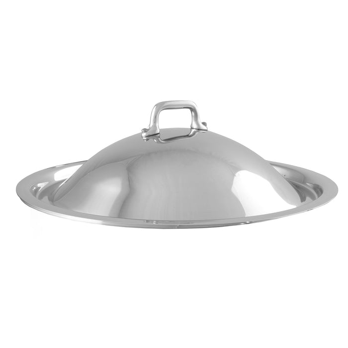 Mauviel stainless steel curved domed lid with cast steel handle for pots and pans, showing a shiny reflective surface.