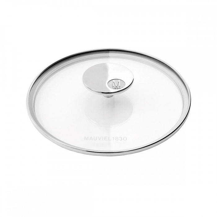 Mauviel glass lid for pots and pans, clear tempered glass with black handle, suitable for M'Cook Urban and M'Stone cookware.