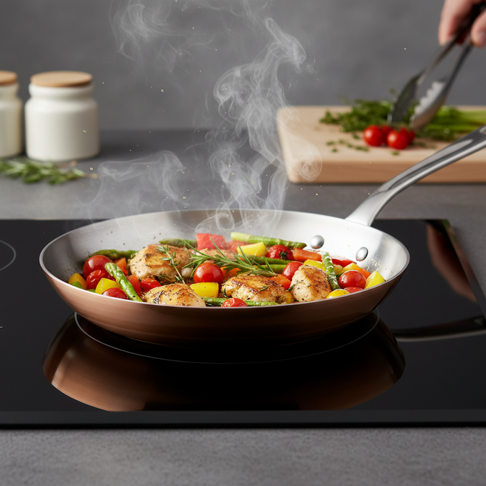 Mauviel M’3 S copper frying pan with cast stainless steel handle, showing its polished copper surface and sturdy handle design.