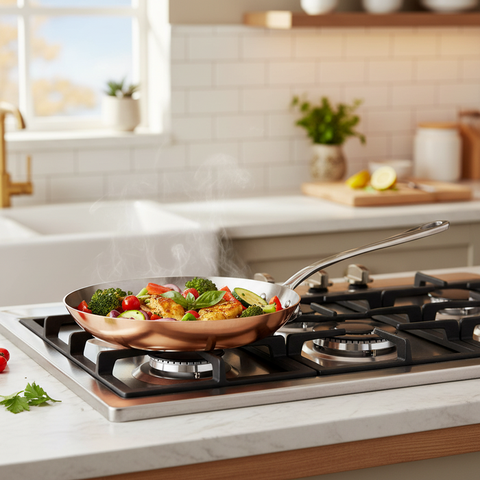 Mauviel M'3 S copper frying pan with cast stainless steel handle, showing a smooth copper surface and ergonomic handle design.