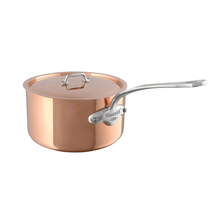 Mauviel M'3 S copper sauce pan with lid and cast stainless steel handle, showcasing its polished copper exterior and sturdy lid.