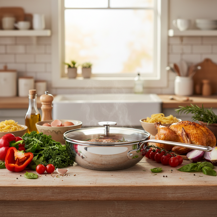 Mauviel 1830 M'360 Tri-Ply Stainless Steel Chef Pan With Glass Lid, Cast Stainless Steel Handle, 3.4 Qt