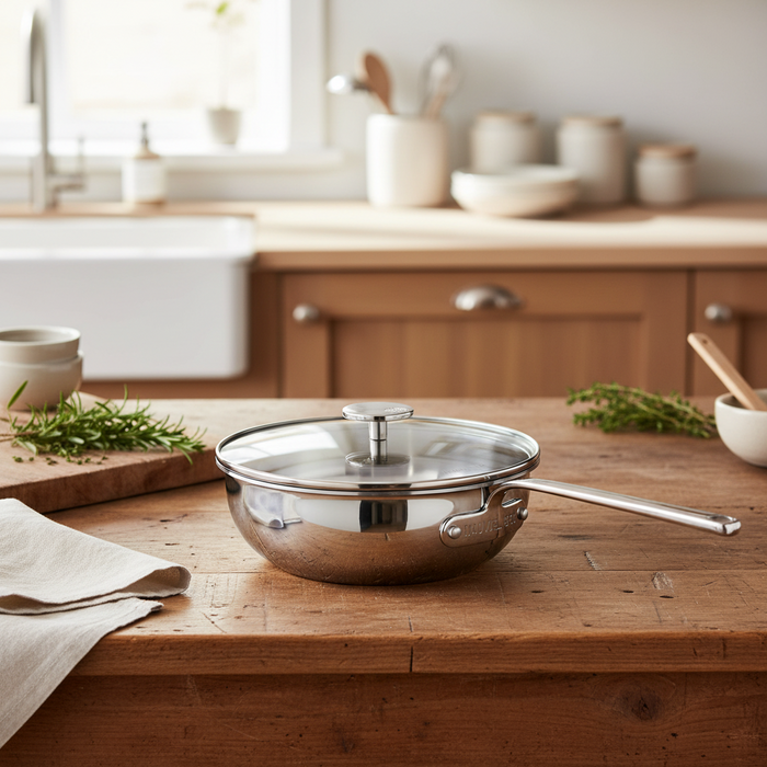 Mauviel 1830 M'360 Tri-Ply Stainless Steel Chef Pan With Glass Lid, Cast Stainless Steel Handle, 3.4 Qt