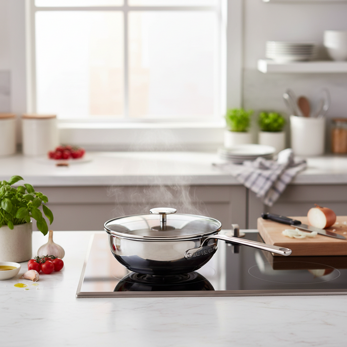 Mauviel 1830 M'360 Tri-Ply Stainless Steel Chef Pan With Glass Lid, Cast Stainless Steel Handle, 3.4 Qt