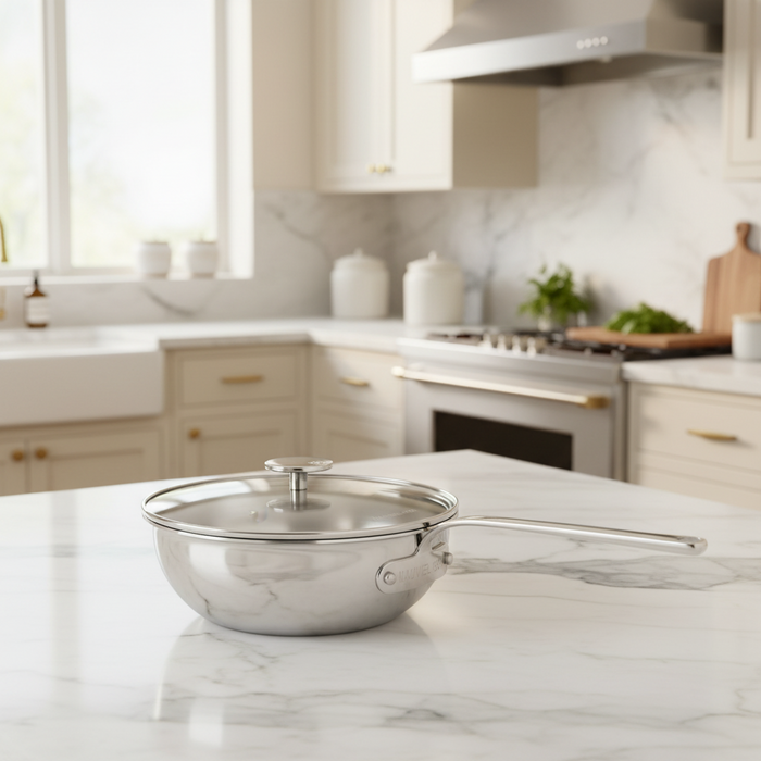Mauviel 1830 M'360 Tri-Ply Stainless Steel Chef Pan With Glass Lid, Cast Stainless Steel Handle, 3.4 Qt