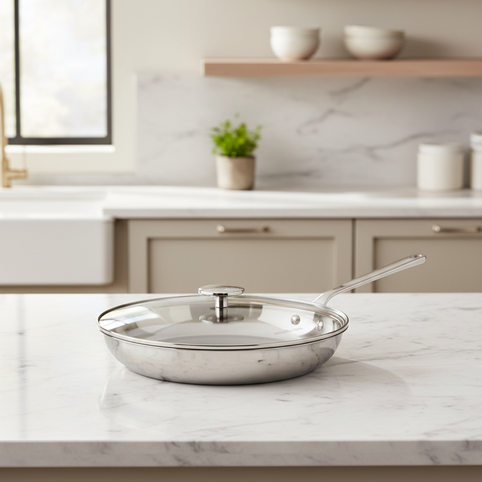 Mauviel 1830 M'360 Tri-Ply Stainless Steel Frying Pan With Glass Lid, Cast Stainless Steel Handle