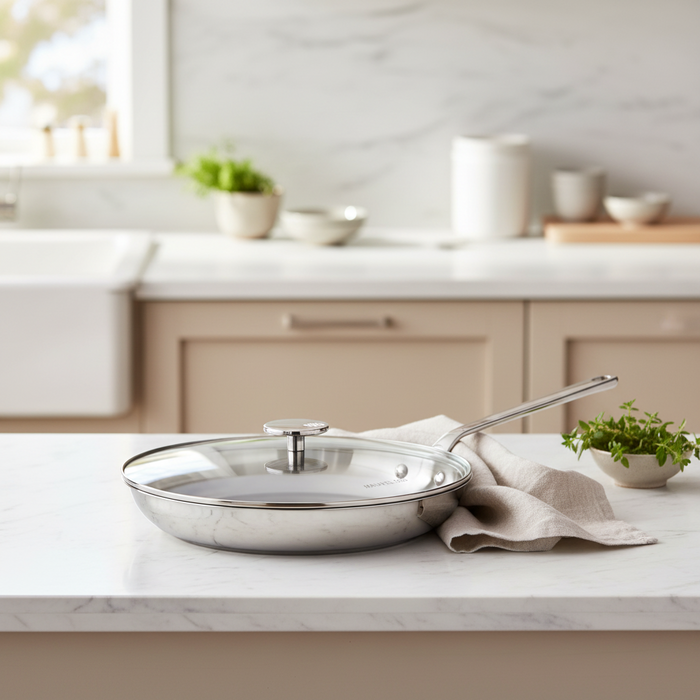 Mauviel 1830 M'360 Tri-Ply Stainless Steel Frying Pan With Glass Lid, Cast Stainless Steel Handle